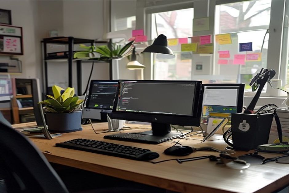Ambiente de escritório de tecnologia no Brasil com computador, chave de segurança e notas adesivas sobre a mesa, sem pessoas, luz natural.