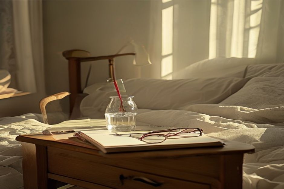 Criado-mudo com bloco de notas, caneta, óculos de leitura e copo de água, iluminado por luz suave da manhã.