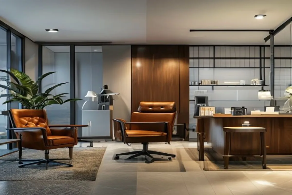 Três ambientes diferentes: home office moderno, escritório tradicional e recepção de agência bancária, cada um com iluminação distinta.