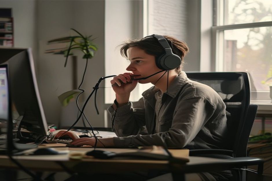 Pessoa adulta atendendo ligação com headset em mesa de escritório, computador de costas e ambiente iluminado por luz natural.