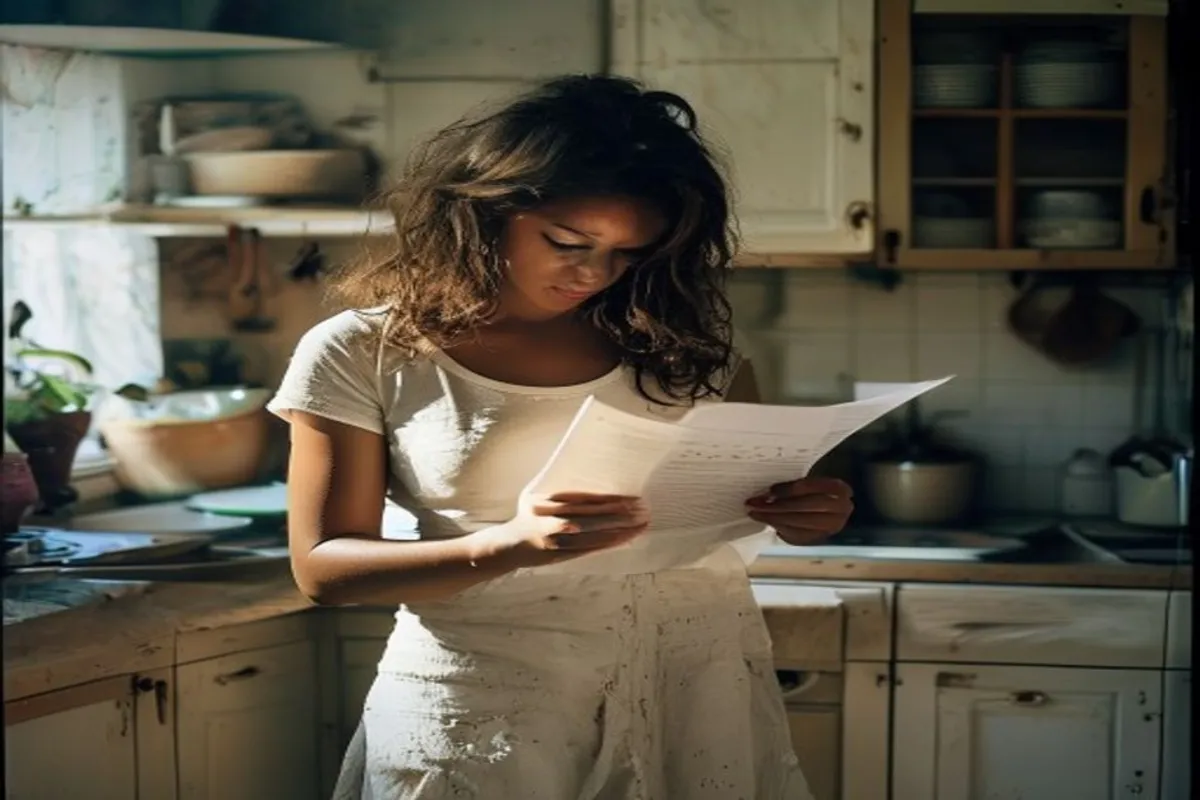Mulher adulta em cozinha iluminada lendo correspondência, papel virado para longe da câmera, ambiente organizado e claro.