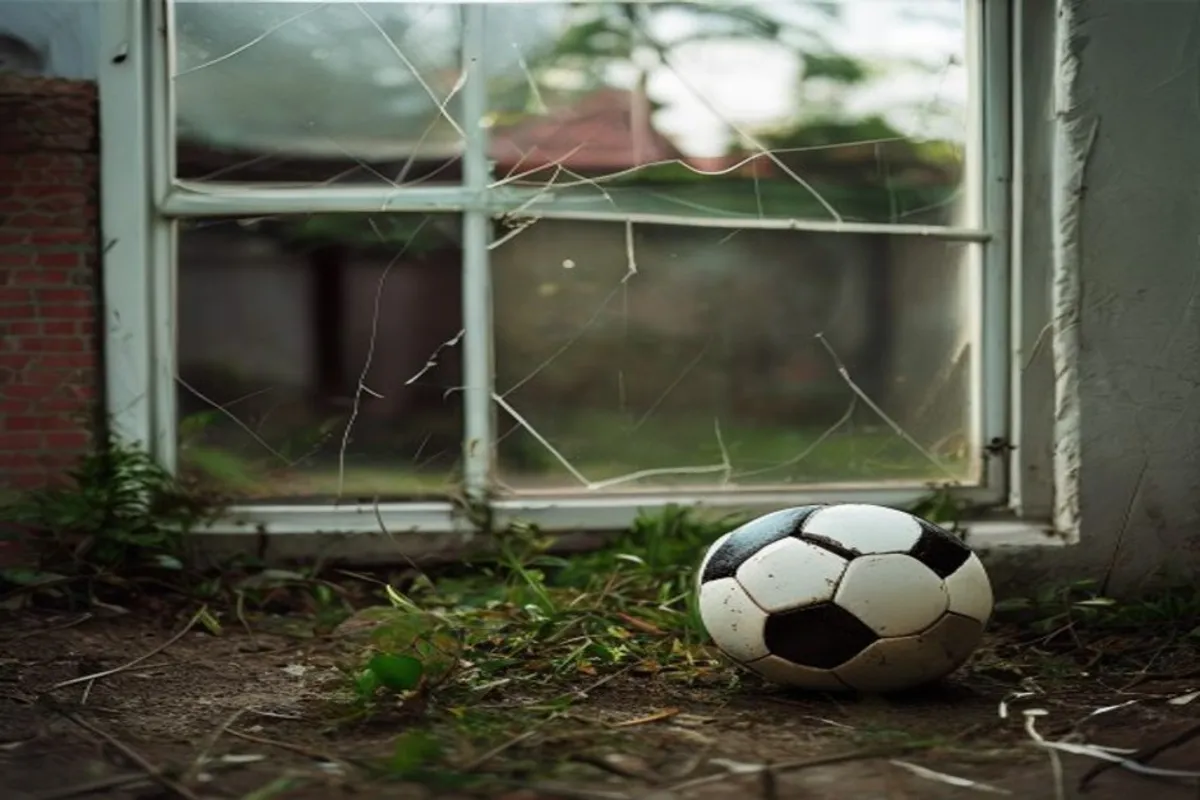 Quintal residencial brasileiro com bola de futebol próxima a janela quebrada, cacos de vidro visíveis no chão, ambiente iluminado naturalmente.