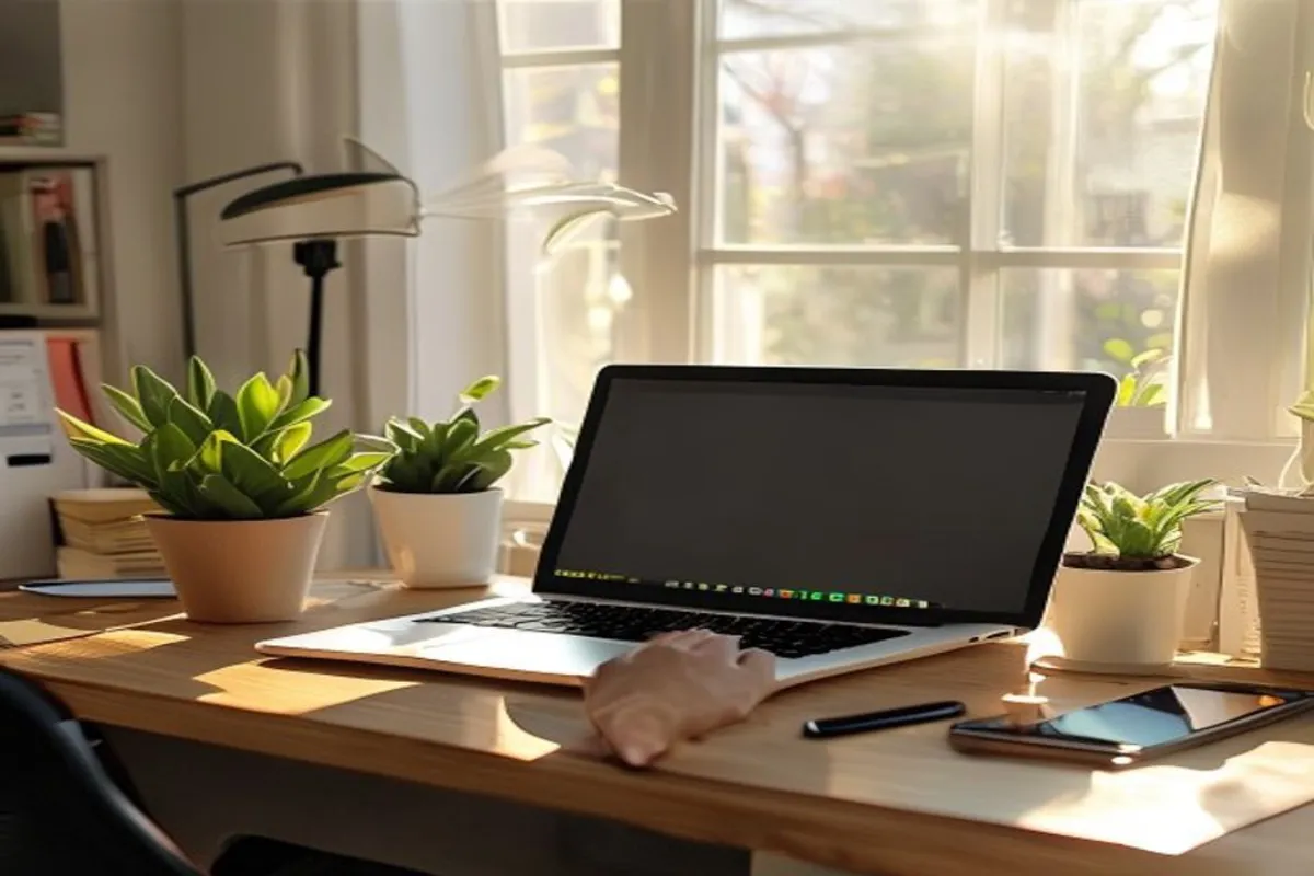 Mesa de escritório com notebook, planta pequena e celular, luz natural entrando pela janela, ambiente organizado.