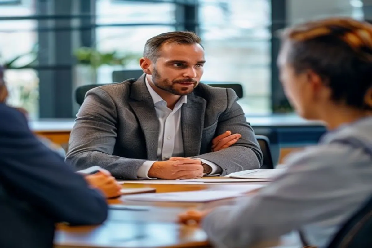 Corretor de seguros conversando com cliente em mesa de reunião, ambos sentados, escritório iluminado e profissional.