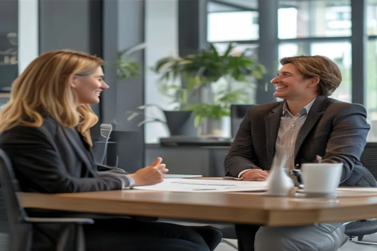 Consultor de seguros e cliente sorridente conversando em mesa moderna de escritório, ambiente profissional e acolhedor.