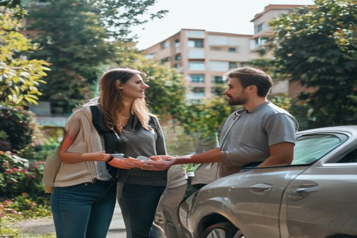 Casal conversando próximo ao carro estacionado em bairro residencial com prédios e árvores ao fundo durante o dia.