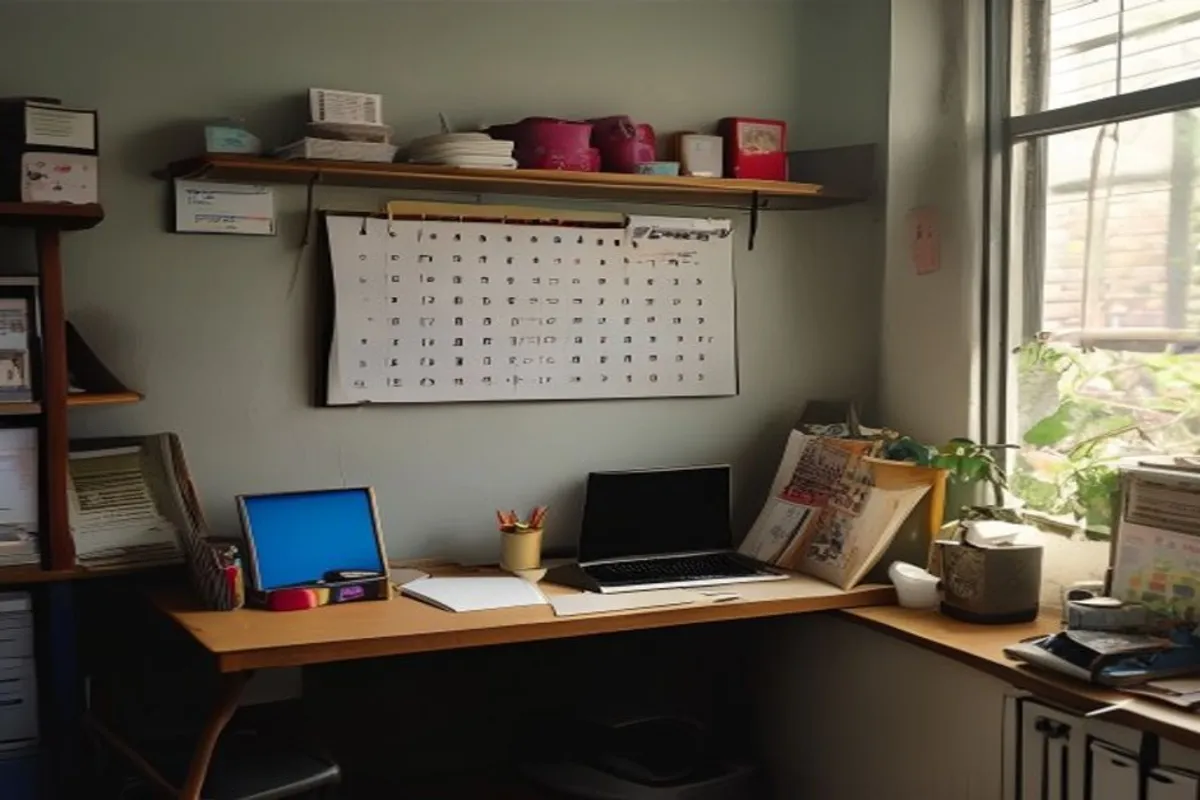 Escritório pequeno com calendário na parede, objetos pessoais na estante e entrada de luz natural pela janela.
