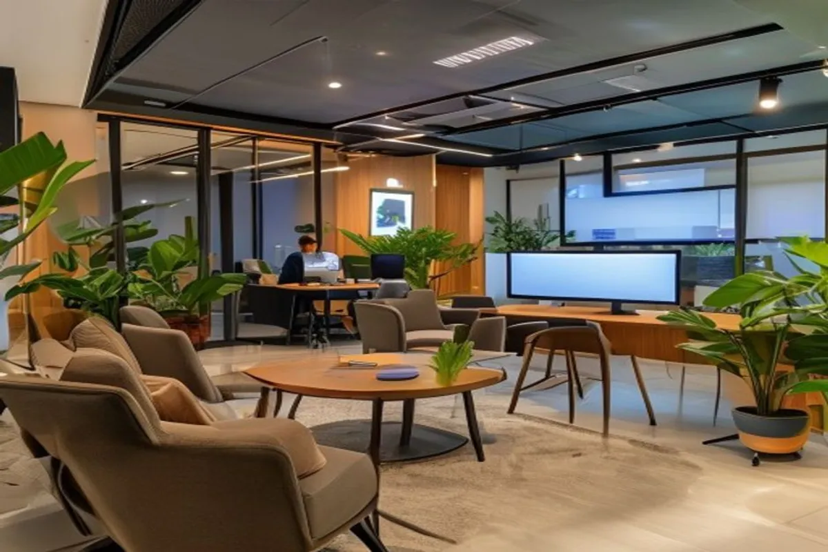 Recepção de escritório de seguros com ambiente moderno, sofás confortáveis, recepcionista ao fundo e decoração com plantas, sem papéis visíveis.