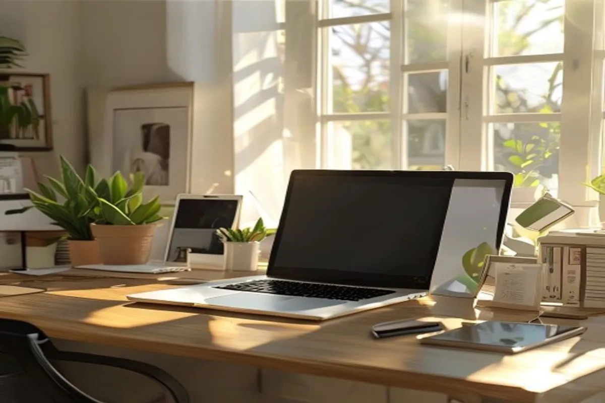 Escritório residencial organizado com notebook sobre mesa, planta decorativa e luz natural entrando pela janela, ambiente tranquilo para trabalho.