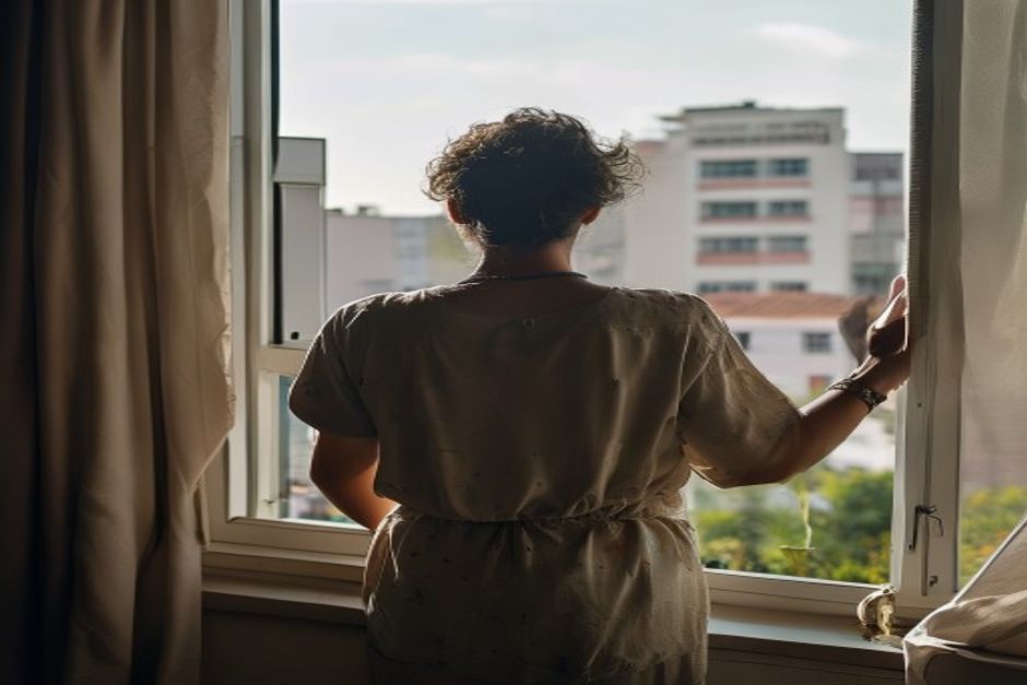 Pessoa adulta de costas olhando pela janela em apartamento brasileiro, luz suave da manhã iluminando o ambiente.