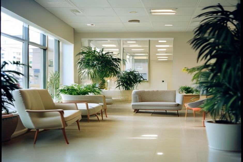 Recepção de escritório de seguros no Brasil, com poltronas, plantas e ambiente iluminado por luz natural, sem pessoas.