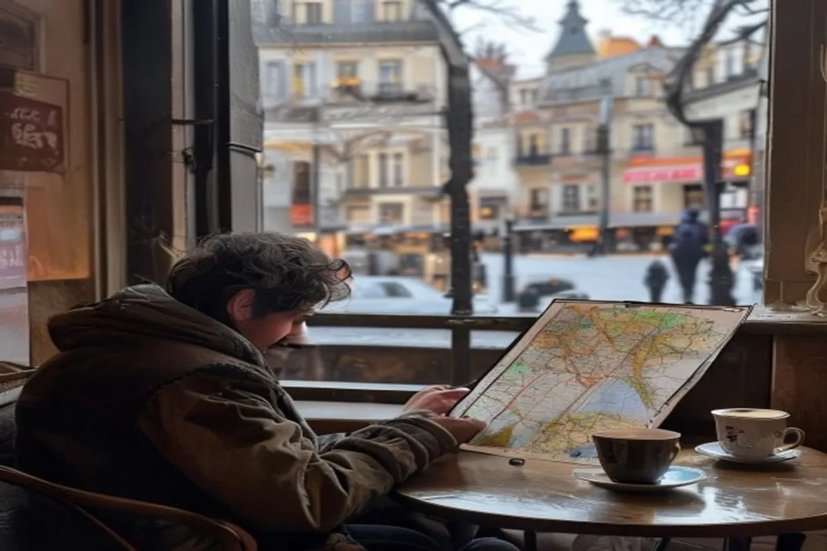 Viajante sozinho em mesa de café com celular e café, observando mapa dobrado, rua europeia visível pela janela.