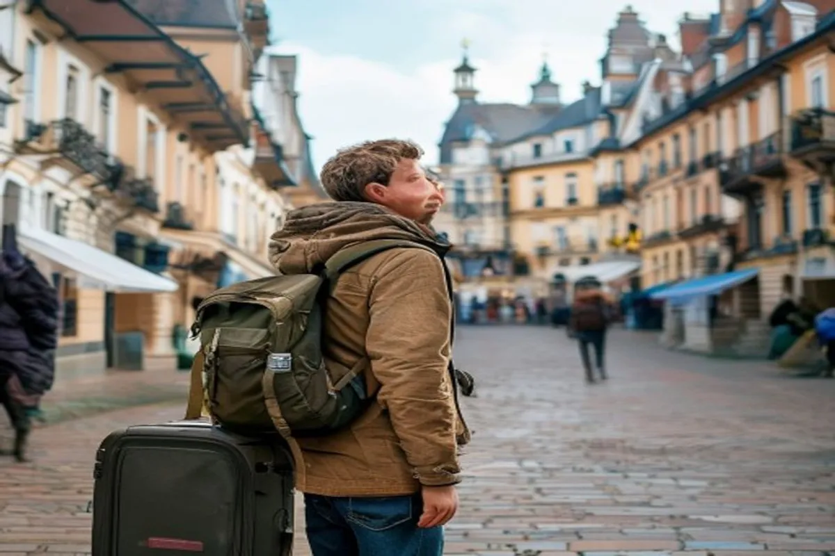 Viajante jovem com mochila e mala observando arquitetura em praça europeia movimentada e tranquila.