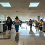 Seguro viagem melhores destinos: área de check-in de aeroporto com viajantes