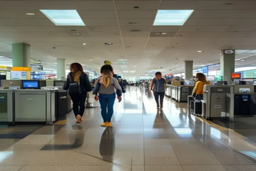 Seguro viagem melhores destinos: área de check-in de aeroporto com viajantes