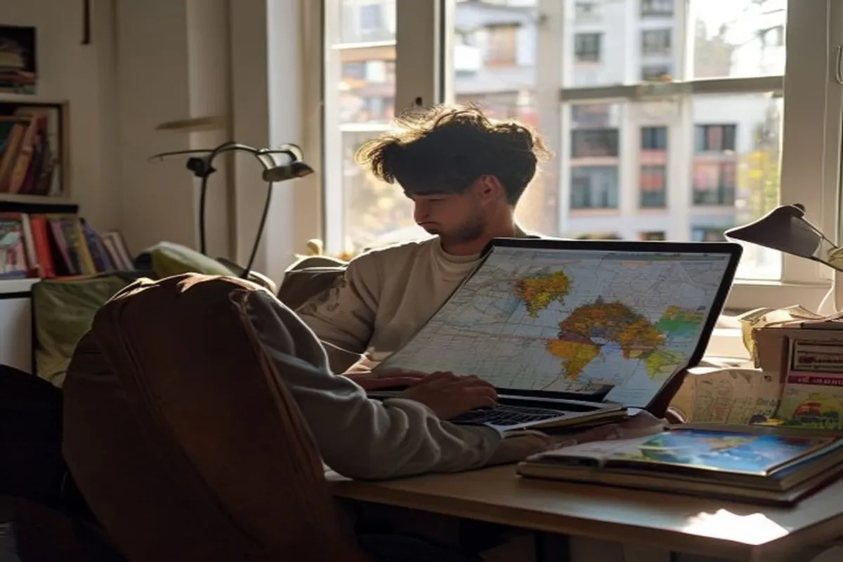 Adulto sentado à mesa com laptop, mapa da cidade e guias de viagem, ambiente iluminado por luz da tarde.