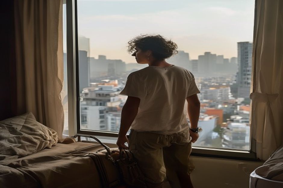 Viajante sozinho em quarto de hotel simples, olhando pela janela, mala na cama e luz da manhã iluminando o ambiente.