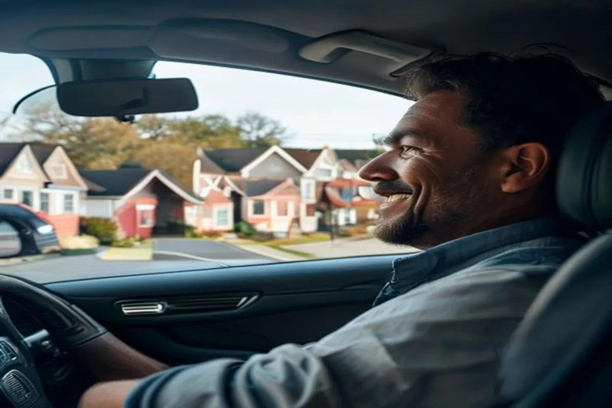 Motorista adulto sorrindo dentro de carro estacionado, casas residenciais ao fundo, interior do veículo organizado e limpo.