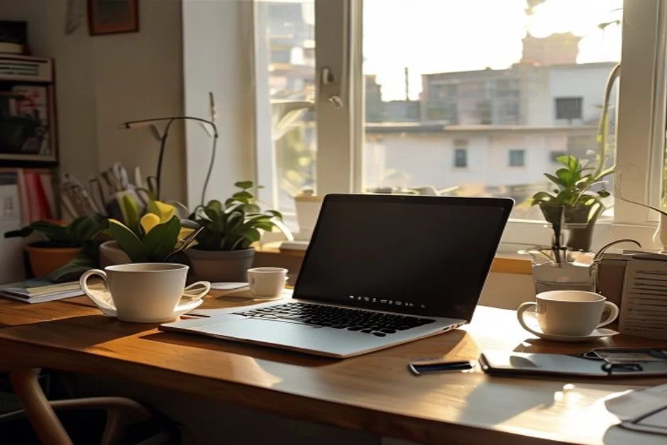 Mesa de escritório em casa com notebook, xícara de café, smartphone e chaves, iluminada por luz da manhã.