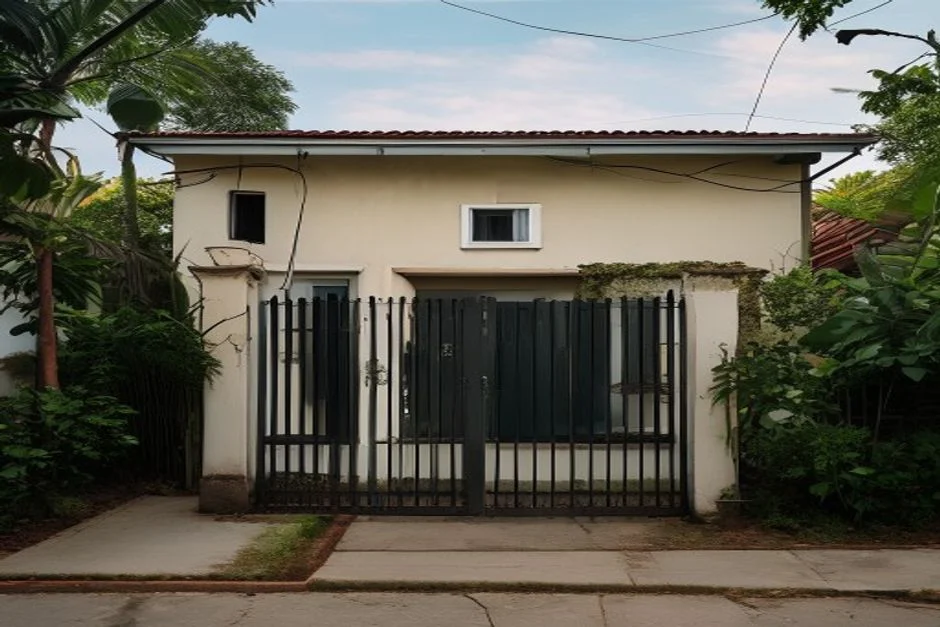 Fachada de casa brasileira com portão fechado, câmera de segurança e jardim simples em dia claro.