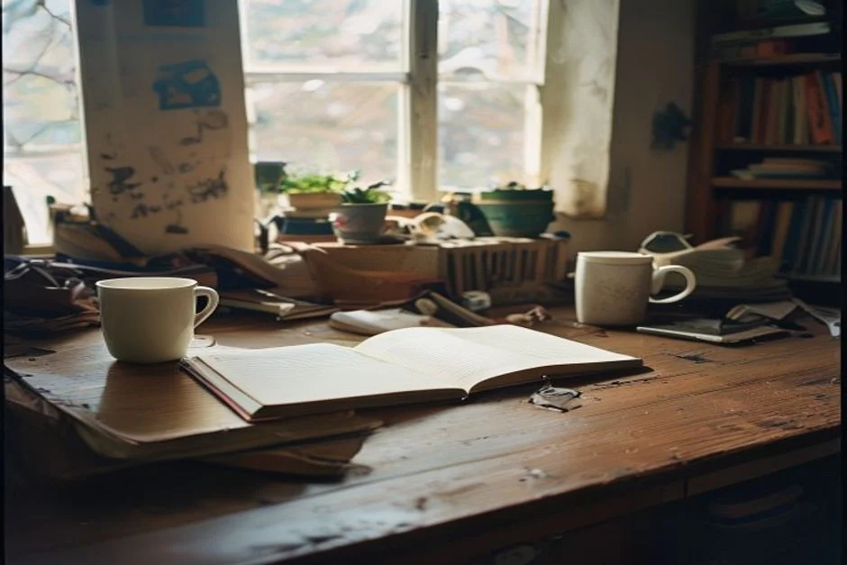Mesa de escritório residencial com notebook, caneca de café e itens pessoais, ambiente iluminado e organizado.