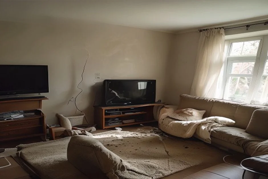 Sala de estar com parede recém-reparada, tomada queimada visível, sofá e TV usados, ambiente realista e desorganizado.