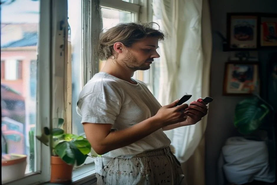 Adulto olhando pensativo pela janela de apartamento, segurando celular, ambiente com itens pessoais e estrutura do imóvel.