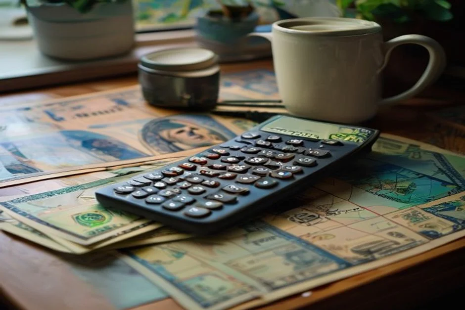 Calculadora e notas de reais sobre mesa de casa bagunçada, caneca de viagem e mapa ao lado, luz da manhã.