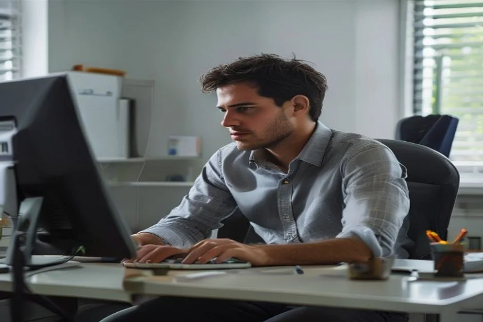 Consultor sentado em mesa de escritório simples, olhando para monitor de computador, ambiente com porta-canetas e xícara.