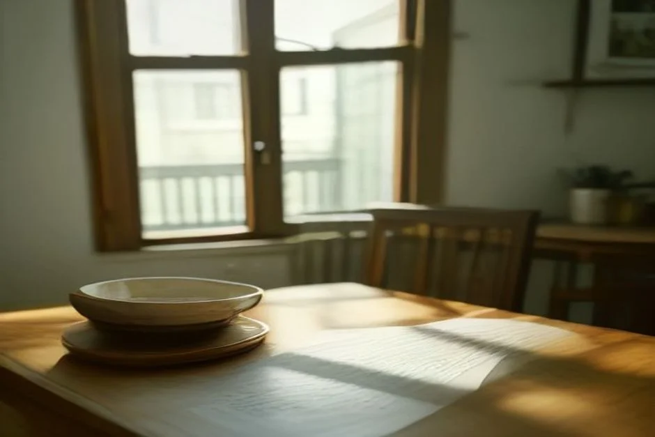 Mesa de cozinha com três pastas fechadas de cores diferentes e óculos de leitura em cima, luz da manhã entrando pela janela.
